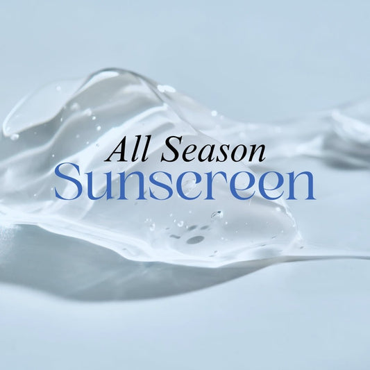 All Season Sunscreen text overlay on a light blue background with liquid texture.