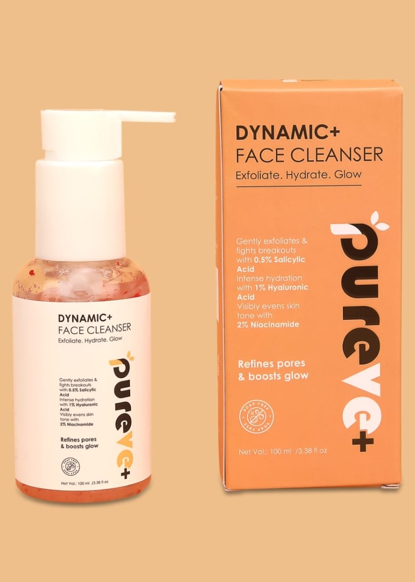 Dynamic+ Face Cleanser bottle and packaging on a beige background