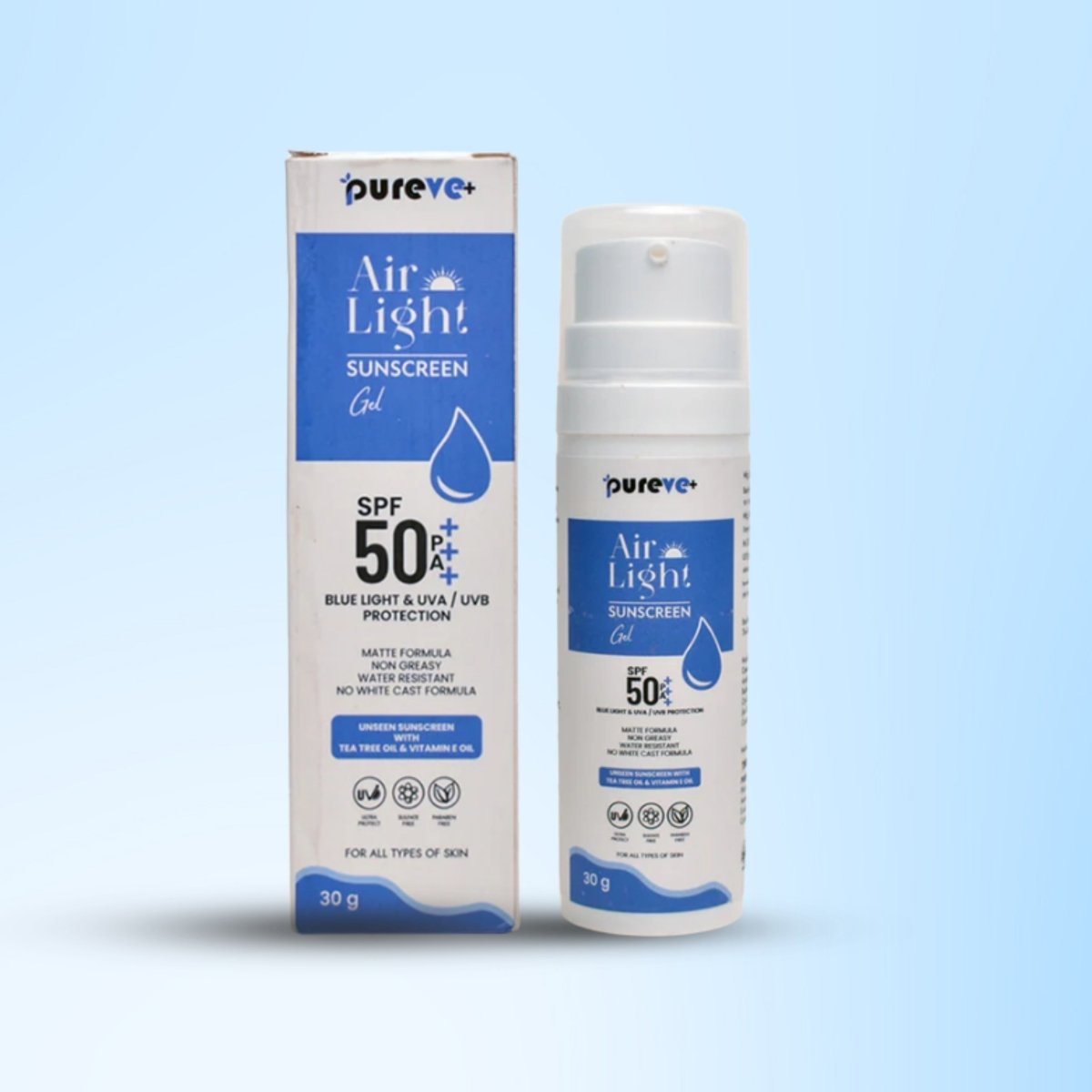 Pureve Air Light Sunscreen Gel packaging and bottle on a light blue background
