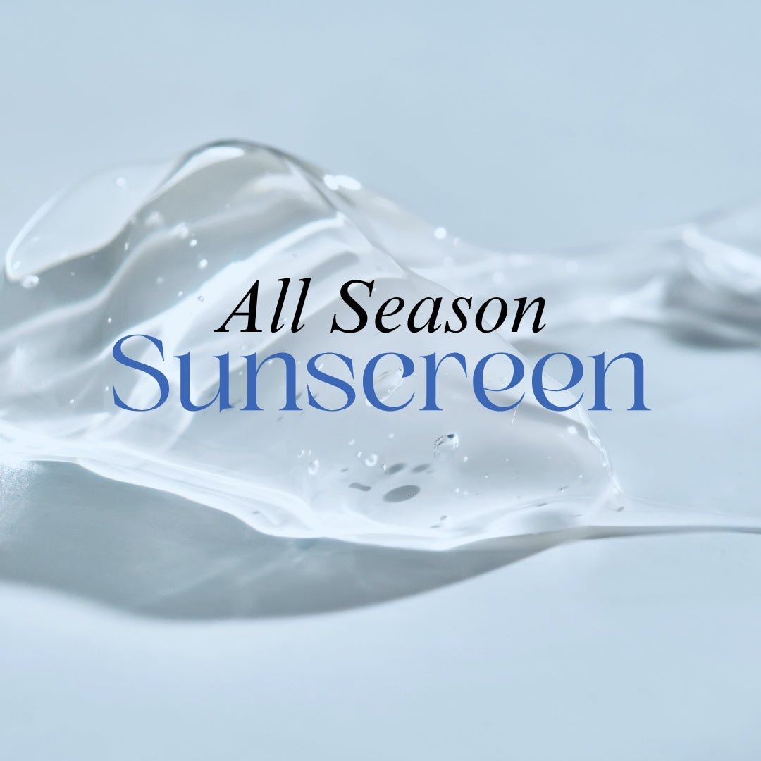 All Season Sunscreen text overlay on a light blue background with liquid texture.