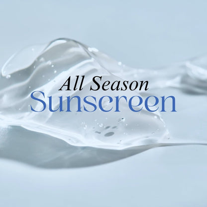 All Season Sunscreen text overlay on a light blue background with liquid texture.