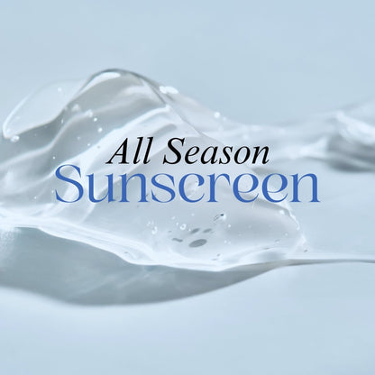 All Season Sunscreen text over a light blue background with liquid effect