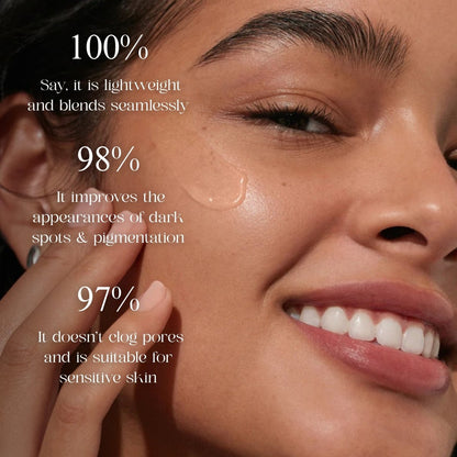 Close-up of a woman's face with text highlighting skincare product benefits