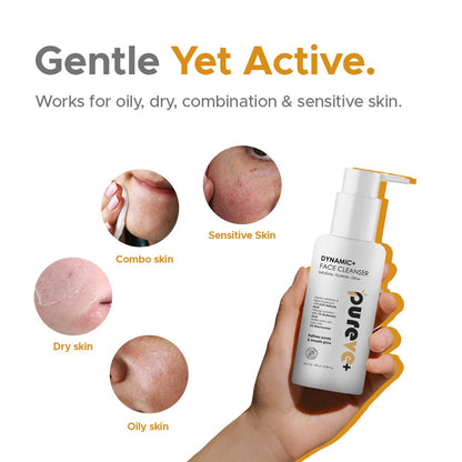 Hand holding a bottle of Dynamic+ Face Cleanser with skin conditions shown on a white background.