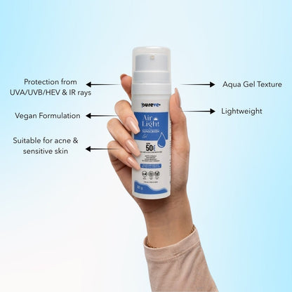 Hand holding a sunscreen bottle with features highlighted on a light blue background