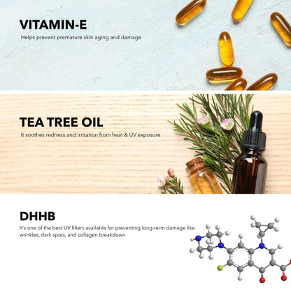 Promotional graphic about vitamin E, tea tree oil, and DHHB with product images and text on a light background.