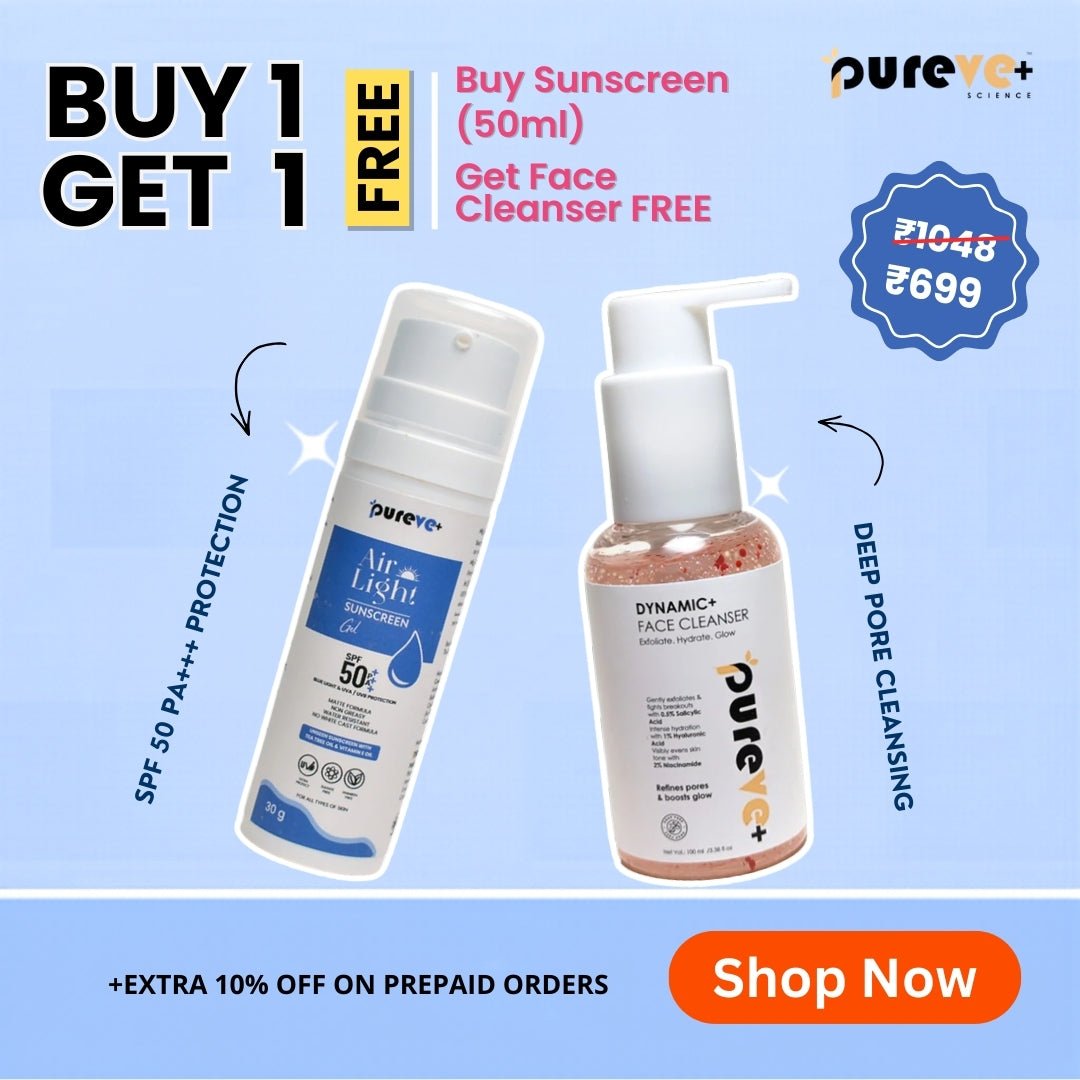 Promotional advertisement for pureVC+ sunscreen and face cleanser with buy-one-get-one-free offer.