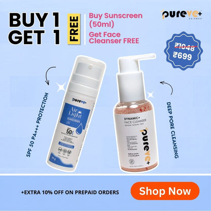 Promotional advertisement for pureVC+ sunscreen and face cleanser with buy-one-get-one-free offer.