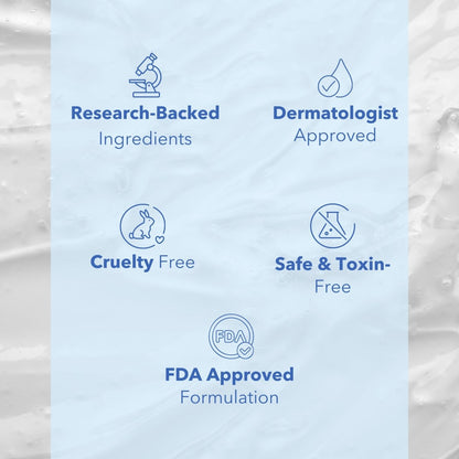 List of product features including research-backed ingredients, dermatologist approval, cruelty-free , safe & toxin-free and FDA approval.