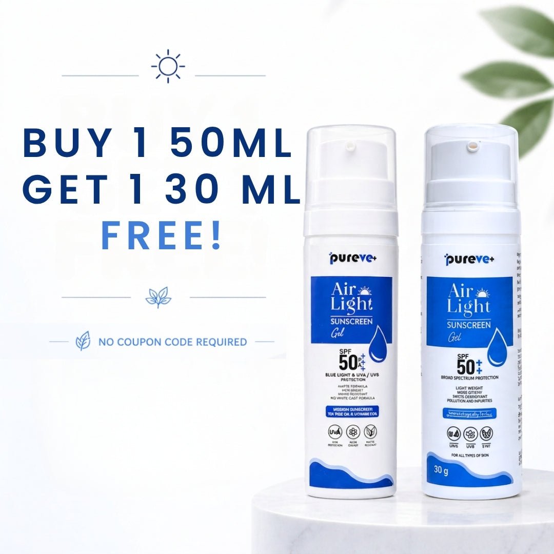 Two bottles of purevee Air Light Sunscreen Gel with promotional text on a white background.