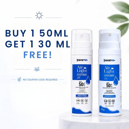 Two bottles of purevee Air Light Sunscreen Gel with promotional text on a white background.
