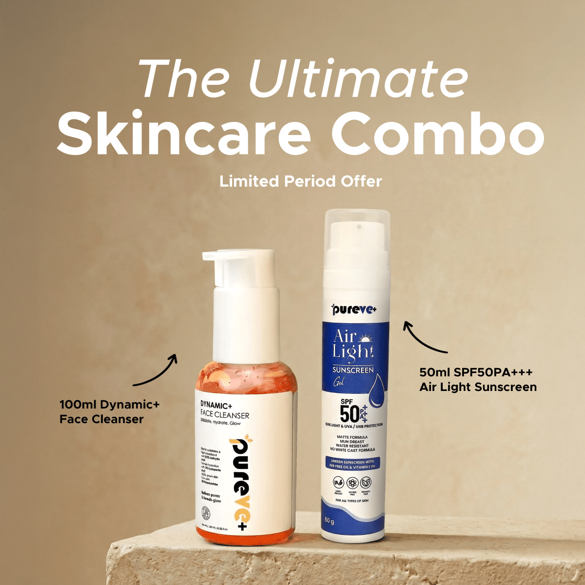 Two skincare products on a beige background with text 'The Ultimate Skincare Combo' and 'Limited Period Offer'.