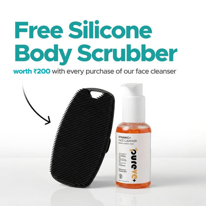 Silicone body scrubber and face cleanser bottle with promotional text on a white background